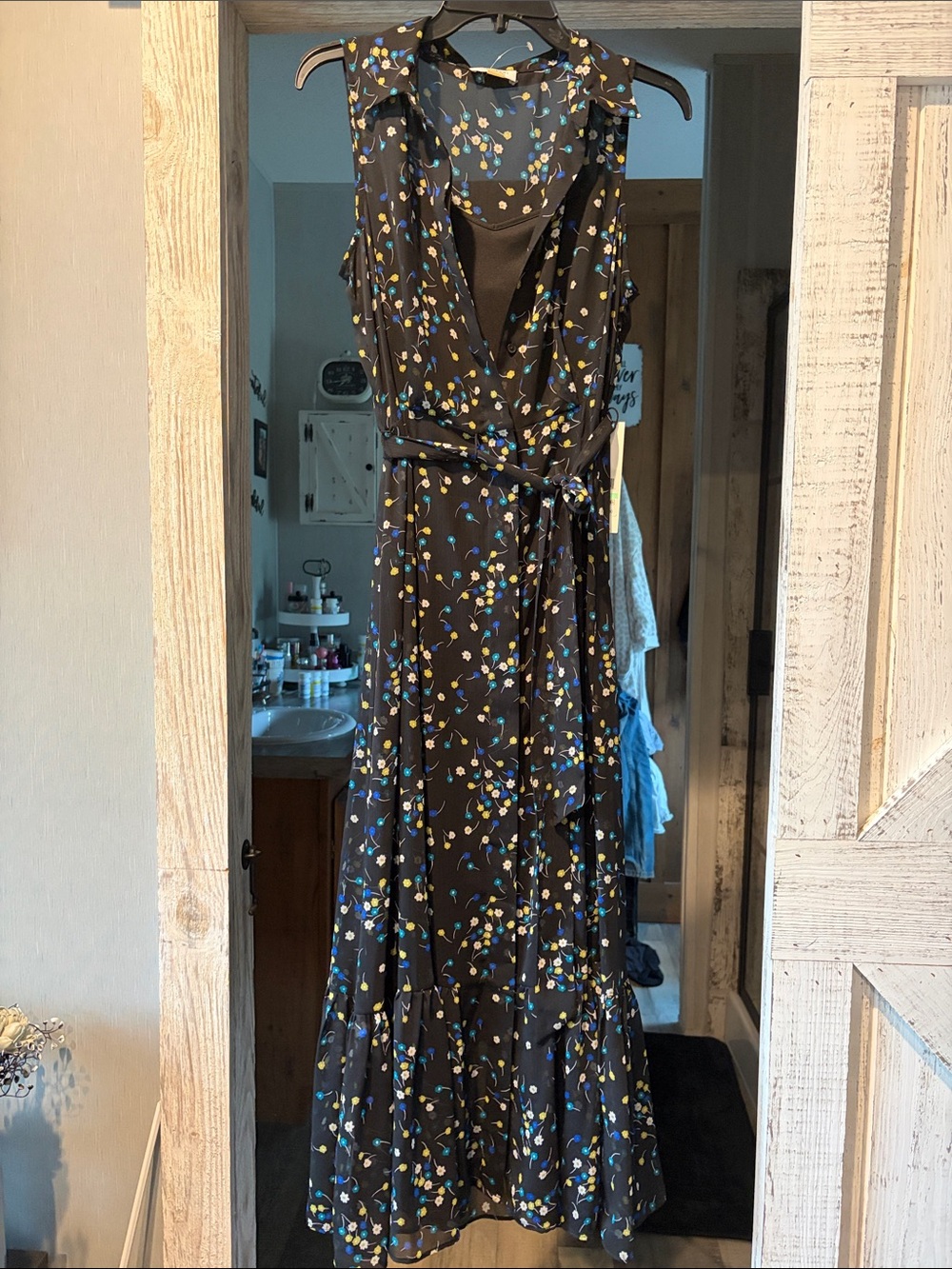 Calvin Klein Black Maxi Dress with Blue and Yellow Floral Print